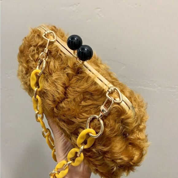Handmade Real Curly Shearling Kisslock Clutch/Shoulder Bag/Crossbody & 2 Chains - Picture 11 of 14